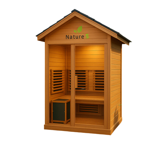 Wooden sauna with 'Nature 5' branding on a white background