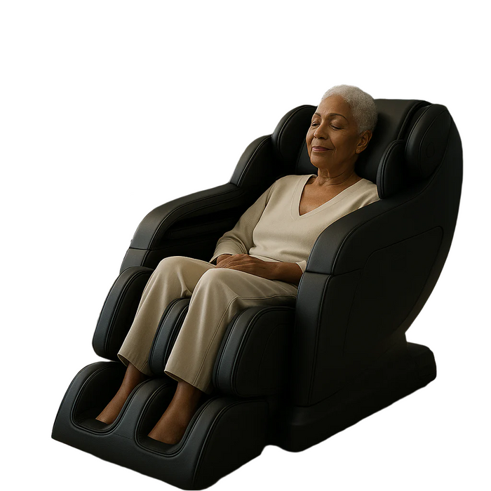 Woman sitting in a black massage chair on a white background
