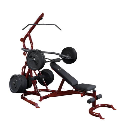 Weight bench with weight plates on a white background