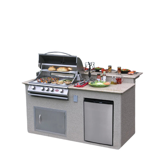 Outdoor kitchen with grill, refrigerator, and counter space on a white background