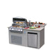 Outdoor kitchen with grill, refrigerator, and counter space on a white background