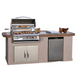 Outdoor kitchen with grill, cabinets, and refrigerator on a white background