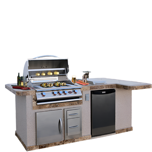 Outdoor kitchen with grill and refrigerator on a patio