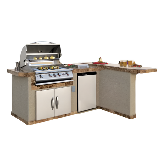 Outdoor kitchen with grill and cabinets on a patio