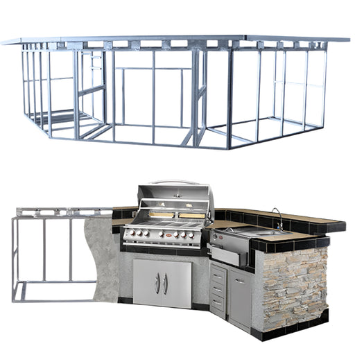 Outdoor kitchen with grill and cabinets on a white background