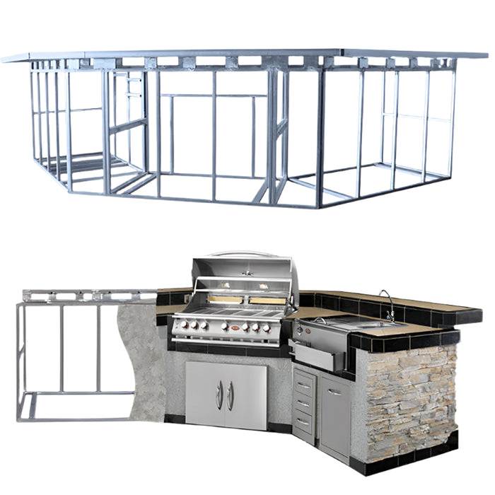 Outdoor kitchen with grill and cabinets on a white background