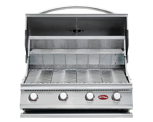 Stainless steel grill with brand logo on a white background